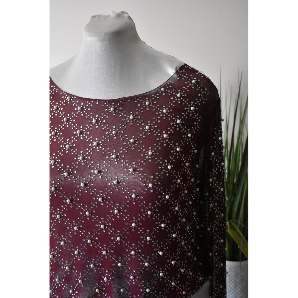 Faded Rose Mesh Top Women Large Burgundy Modern Pearl Rhinestone Embellished M8 - Picture 2 of 10